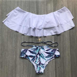 Bikini Set 2019 Doubledeck Flouncing Swimsuit Push Up Bathing Suit sexy Women High Waist Swimwear Off Shoulder Swimming Suits