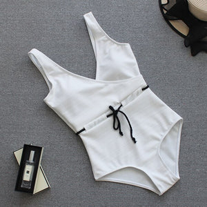 2019 Sexy Tie Front One Piece Swimsuit Swimwear Women Halter Bathing Suit White Piece Swimsuit Bodysuit Bandage Monokini
