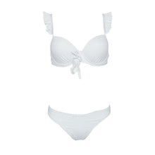 Load image into Gallery viewer, White Solid Heart Neck Bowknot Thong Biquini Ruffled Strap Swim Bikinis Sexy Bandage Low Waist Push Up Padded Swimsuit Beachwear